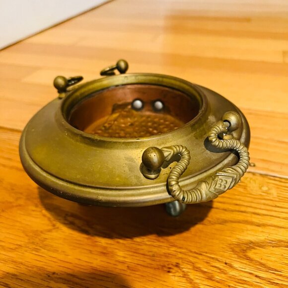 Vintage Brass Ashtray w/ Handles & 3 Claw Feet and Dimpled Copper Bow - Picture 1 of 16
